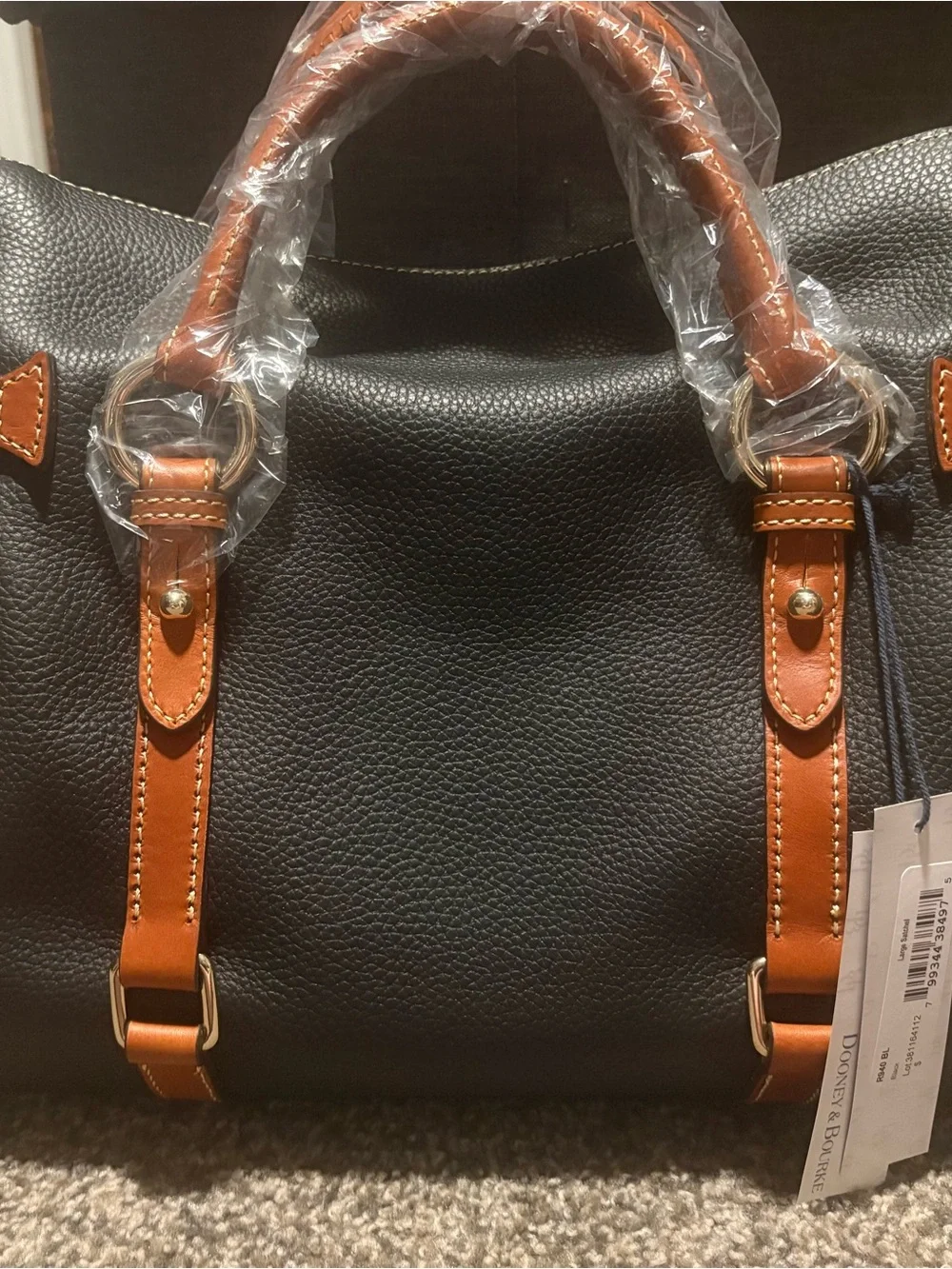 Dooney & Bourke Black Pebble Leather Satchel with Brown Trim